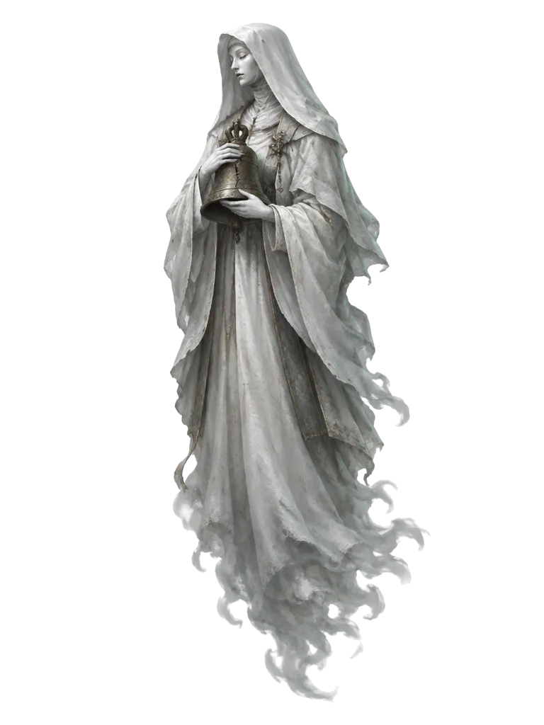 The Pale Abbess, sosok berjubah putih dengan mata terpejam memegang lonceng perunggu retak