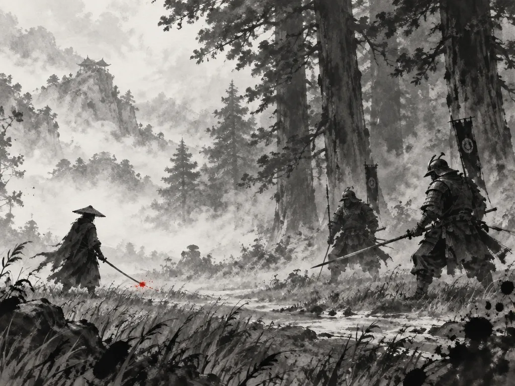 Adegan duel dalam mode tinta hitam putih, ronin bertopi anyaman menghadapi dua prajurit di hutan cedar, satu percik merah dekat pedang