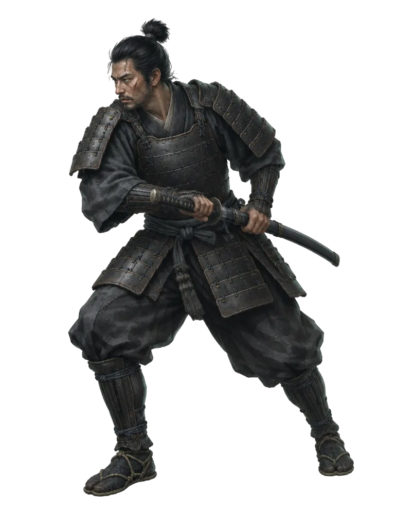 Quickdraw Warden, samurai berjongkok dengan tangan di gagang pedang
