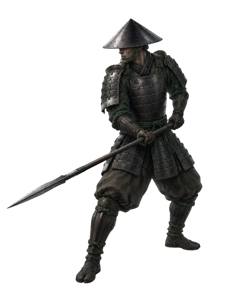 Spear Warden, prajurit bertopi besi dengan tombak terarah ke Tsuru